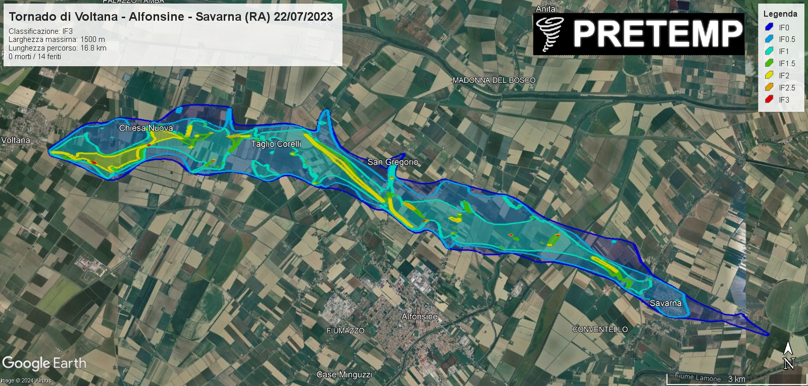 Esempio del 22 luglio 2023 di mappatura completa del percorso di un tornado